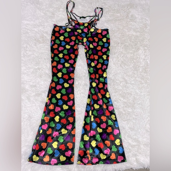 CLUB EXX Circle Of Love Rainbow Heart Print Cut Out Flare Pants Black Size M - Picture 1 of 5